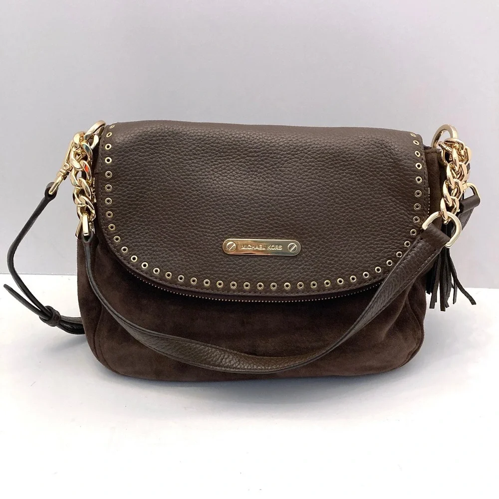 Michael Kors Bedford Bag Tassel Brown Leather Suede Convertible Crossbody Studs